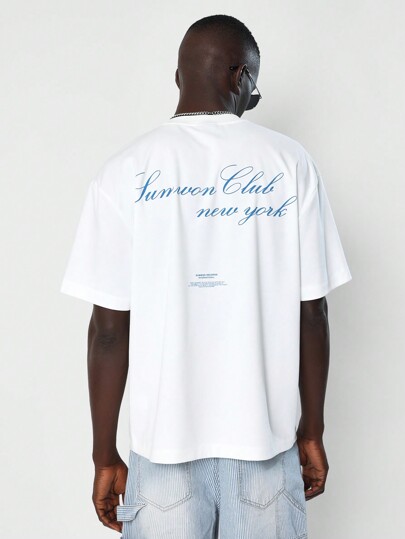 SUMWON Camiseta de manga corta con ajuste regular con estampado gráfico frontal y trasero