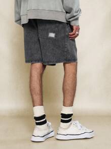 SUMWON Washed Denim Drop Crotch Short With Contrast Drawstring - Black - View 4
