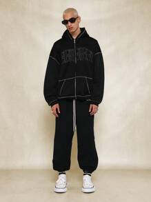 SUMWON Gothic Script Full Zip Hoodie Streetwear Contrast Stitch Winter Casual Urban Zip Up Athletic Sweatshirt Athleisure Everyday Sport - Black - View 4