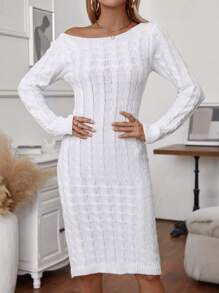 SHEIN Clasi فستان كنزة صوفية مضفر أساسي أكمام طويلة رقبة طاقم لون أحادي للسيدات, للارتداء اليومي العادي