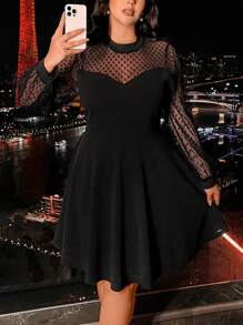 SHEIN Clasi Plus Size Contrast Mesh Long Sleeve Fashionable Party Dress Maxi Women Outfit - Black - View 4