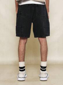 SUMWON Pantalón corto de mezclilla de carpintero con detalle de ojales - Negro - Ver 4