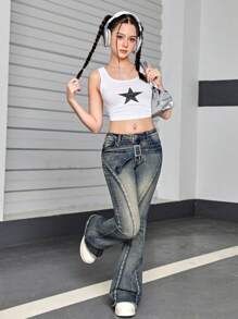 SHEIN Y2K Low-Waisted Retro Washed Flared Denim Jeans With Button Fly Slanted Pocket For Teen Girls Outfits ,Boot Cut Jeans - Dark Wash - View 4