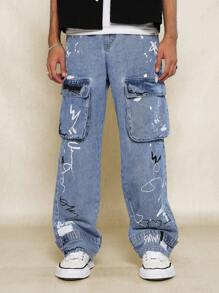 SUMWON Schlagjeans mit Cargo-Stil, Graffiti- und Farbdruck - Blau - Übersicht 1