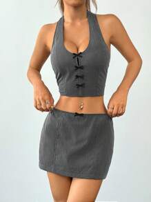 SHEIN EZwear 2pcs Women's Bowknot Backless Crop Top And Figure-Flattering Skirt Suit - Grey - View 6