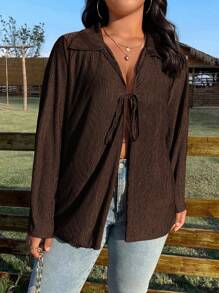 SHEIN LUNE Plus Size Loose Casual Drawstring Long Sleeve Shirt With Relaxed Design Fall Cloth For Women - Brown - View 5