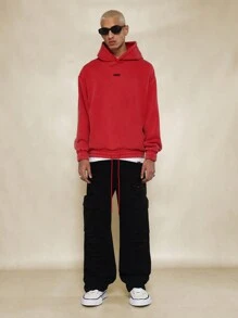 SUMWON Oversized Cotton Fleece Drawstring Hoodie Sweatshirt Athleisure Streetwear Kangaroo Pocket Elastic Hem Fall Winter Sport Urban Basic - Red - View 4