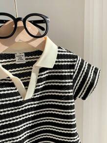 SHEIN LMoss Kids Áo thun polo sọc dệt kim dễ thương, giản dị, thú vị cho bé trai, thích hợp mặc ở nhà, ngoài trời, du lịch vào mùa hè - màu đen - Xem 6