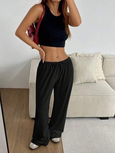 SHEIN EZwear Quần nỉ đơn giản buộc dây phía trước màu trơn cỡ lớn