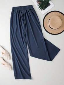 SHEIN 女士弹力口袋直筒宽松时尚长裤 - 藏蓝色 - 查看 4