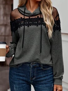 Women Hooded Drawstring Contrast Mesh Long Sleeve Stylish Design Sweatshirt,Long Sleeve Tops Pullover Fall - Dark Grey - View 4