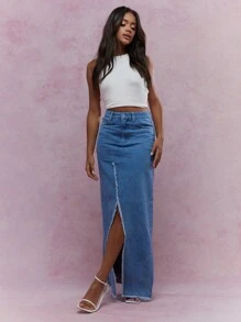 MISSGUIDED Raw Hem Slit Front Long Maxi Denim Skirt - Blue - View 1