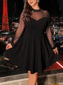 SHEIN Clasi Plus Size Contrast Mesh Long Sleeve Fashionable Party Dress Maxi Women Outfit - Black - View 1