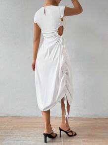 Chiquease Solid Color Round Neck Hollow Out Waist Drawstring Dress