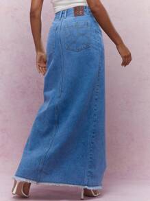 MISSGUIDED Raw Hem Slit Front Long Maxi Denim Skirt - Blue - View 2