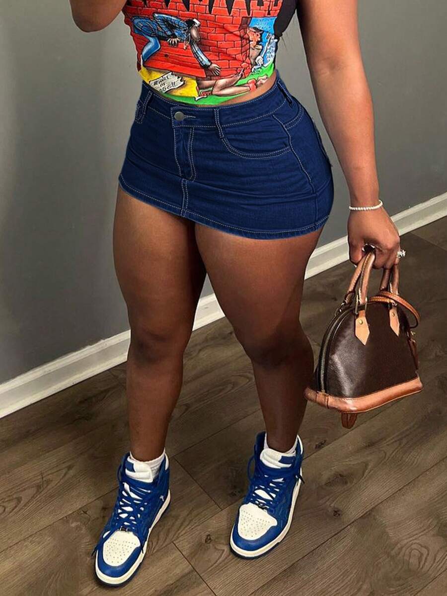 High Waist Denim Mini Skirt For Women - Butt Lifting Bodycon Y2K Streetwear Jean Skirt With Contrast Stitching - Rửa tối - Xem 1