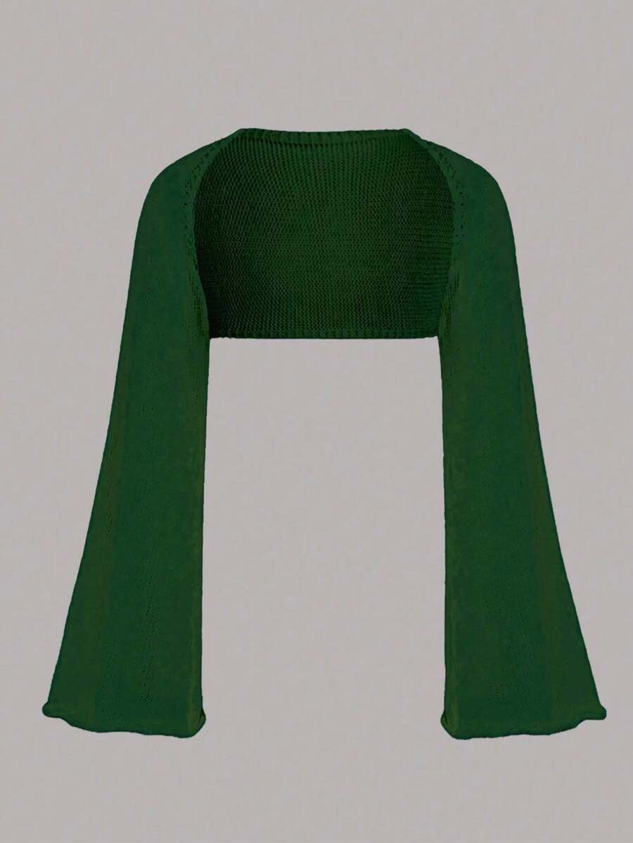 Flirla Women Plus Size Solid Color Bell Sleeve Short Bolero Cardigan - Dark Green - View 1