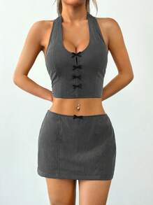 SHEIN EZwear 2pcs Women's Bowknot Backless Crop Top And Figure-Flattering Skirt Suit - Grey - View 5