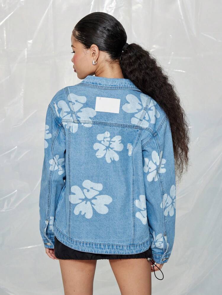 SUMWON WOMEN Veste camionneur en jean hawaïen hibiscus vieillie