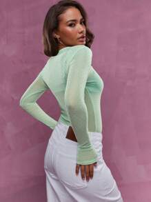 MISSGUIDED Sheer Rhinestone Detail Long Sleeve Top Christmas - Green - View 2