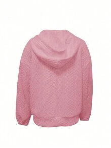 SHEIN LUNE Pink Long Sleeve Hooded Sweatshirt With Pockets, Textured Design, For Autumn/Winter - Pink - View 2