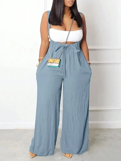 INAWLY Plus Size Women's Summer Solid Color Tie Front Pocket Wide Leg Loose Casual Overalls