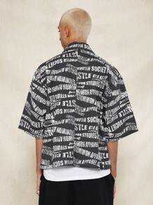 SUMWON Boxy Fit Crop Denim Shirt With All Over Text Graphic Print - Black and White - View 2