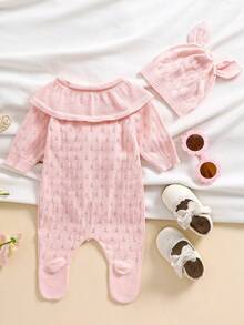 SHEIN Thời trang bé gái Bộ áo liền quần dệt kim ngọt ngào dễ thương có chân Áo liền quần dệt kim có mũ trùm đầu Quần áo bò - Màu Hồng baby - Xem 2