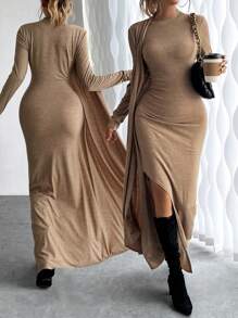 Chiquease Vestido largo liso de manga larga con bajo dividido, vestido largo nude sencillo para mujeres, casual y para vacaciones - Marrón - Ver 5