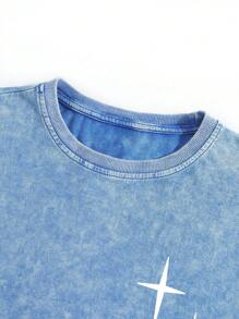 Manfinity EMRG 男士休闲圆领字母印花短袖T恤，夏季 - 藍色 - 查看 5