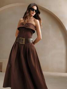 Anewsta Personalized Strapless Dress With Belt - Coffee Brown - View 3