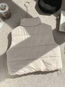 Comfortcana 女士纯色前拉链休闲短款加垫背心，冬季，女士深秋休闲口袋，拉链漏斗领常规版型杏色纯色女士外套，冬季保暖/冬季时尚 - 杏色 - 查看 2