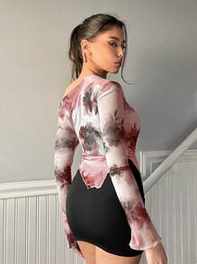 Firerie Women's Floral Print Long Sleeve Asymmetrical Hem T-Shirt, Spring Summer - Multicolor - View 2