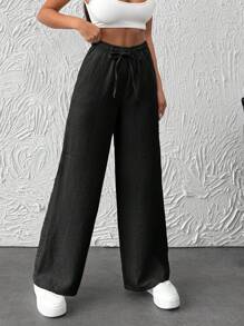 RueChic Women Elastic Waist Band Wide Leg Pants - Black - View 6