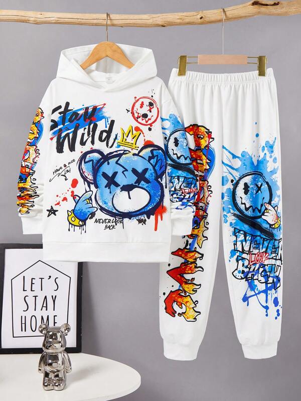 SHEIN Teen Boys 2 Pieces Graffiti Sweatshirt And Sweatpants Set, White, Thermal Lined, Warm, Street Fashion Style, Smiling Face