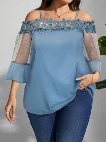 SHEIN Clasi 大码夏季优雅撞色蕾丝露肩吊带背心衬衫