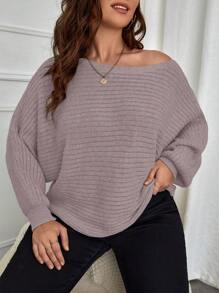 SHEIN LUNE Plus Size Solid Color Crew Neck Long Sleeve Sweater, For Winter Knit Pullover Fall - Dusty Pink - View 5