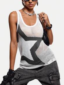 Umamao Estudio Artist Spring & Summer Casual Contrast Color Hollow-Out Star Pattern Knit Sweater Vest, For Holiday, Vacation, Festival, Ibiza Fits - Black and White - View 7