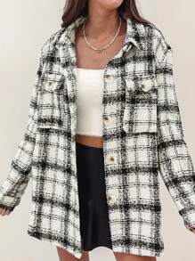 INAWLY 女式格子简约休闲长袖常规夹克 - 黑與白 - 查看 1