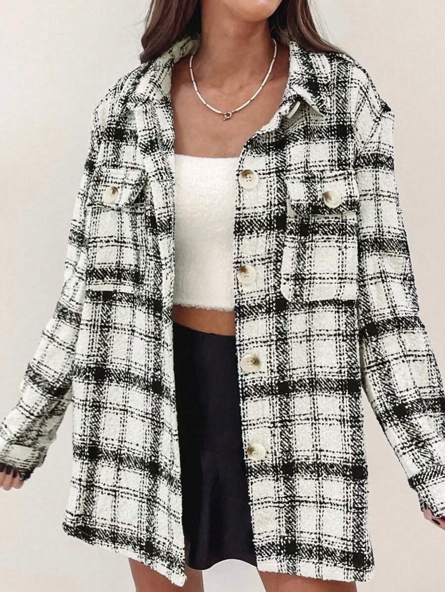 INAWLY 女式格子简约休闲长袖常规夹克 - 黑與白 - 查看 1