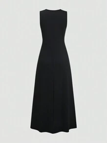 Chiquease Ladies' Summer Loose Solid Round Neck Tank Long Dress Maxi Women Outfit - Black - View 2