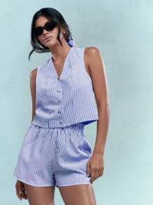 MISSGUIDED 纹理罗纹纽扣背心上衣和短裤搭配发带 - 藍白色 - 查看 1