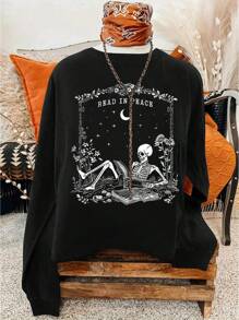 SHEIN LUNE Women's Oversized Drop Shoulder Quiet Reading Skull Graphic Sweatshirt - Black - View 1