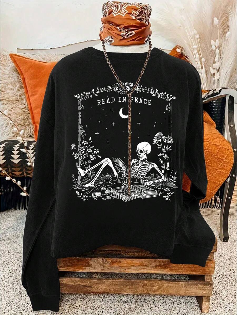 SHEIN LUNE Women's Oversized Drop Shoulder Quiet Reading Skull Graphic Sweatshirt - Black - View 1
