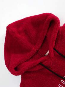 Manfinity Homme Loose Men's Teddy Bear Drawstring Hooded Sweatshirt With Drop Shoulder And Letters Embroidery - Red - View 4