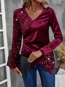 EMERY ROSE Women's Solid Color V-Neck Sequin Patchwork Long Sleeve Shirt