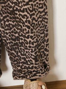 SHEIN Baby Girls Washed Soft Leopard Printed Slightly Stretch Denim Lace Overalls - Multicolor - View 7