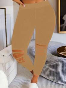 SHEIN Unity Women's Solid Color Distressed Basic Leggings, Casual Everyday Wear Fall Cloth For Women - Brown - View 1