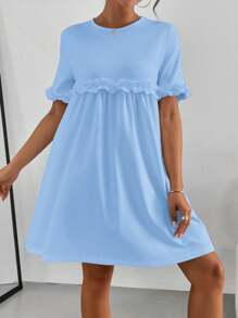 SHEIN Essnce Women's Solid Color Simple Daily Lace Decoration Short Sleeve Dress