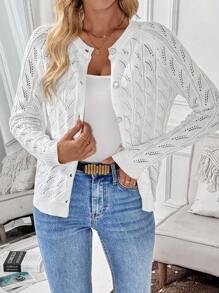 Chiquease Plain Front Button Long Sleeve Hollow Simple Casual Top - White - View 4